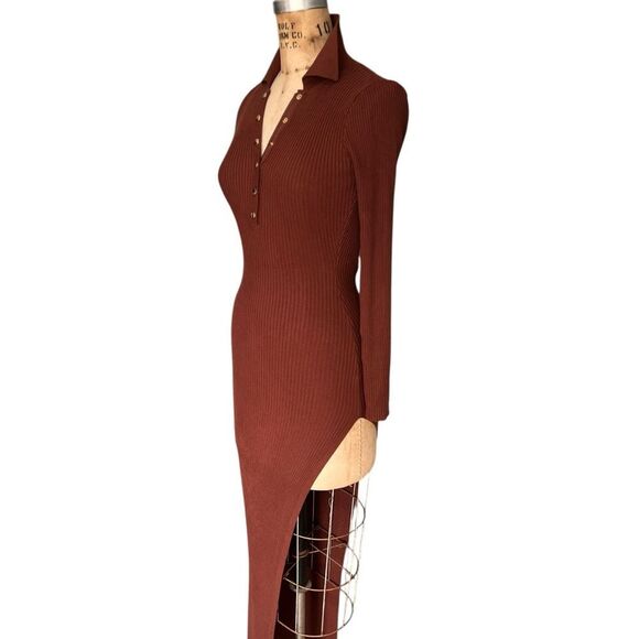 Brown Ribbed Knit Dress with Gold Snap Buttons Size S - Picture 6 of 8